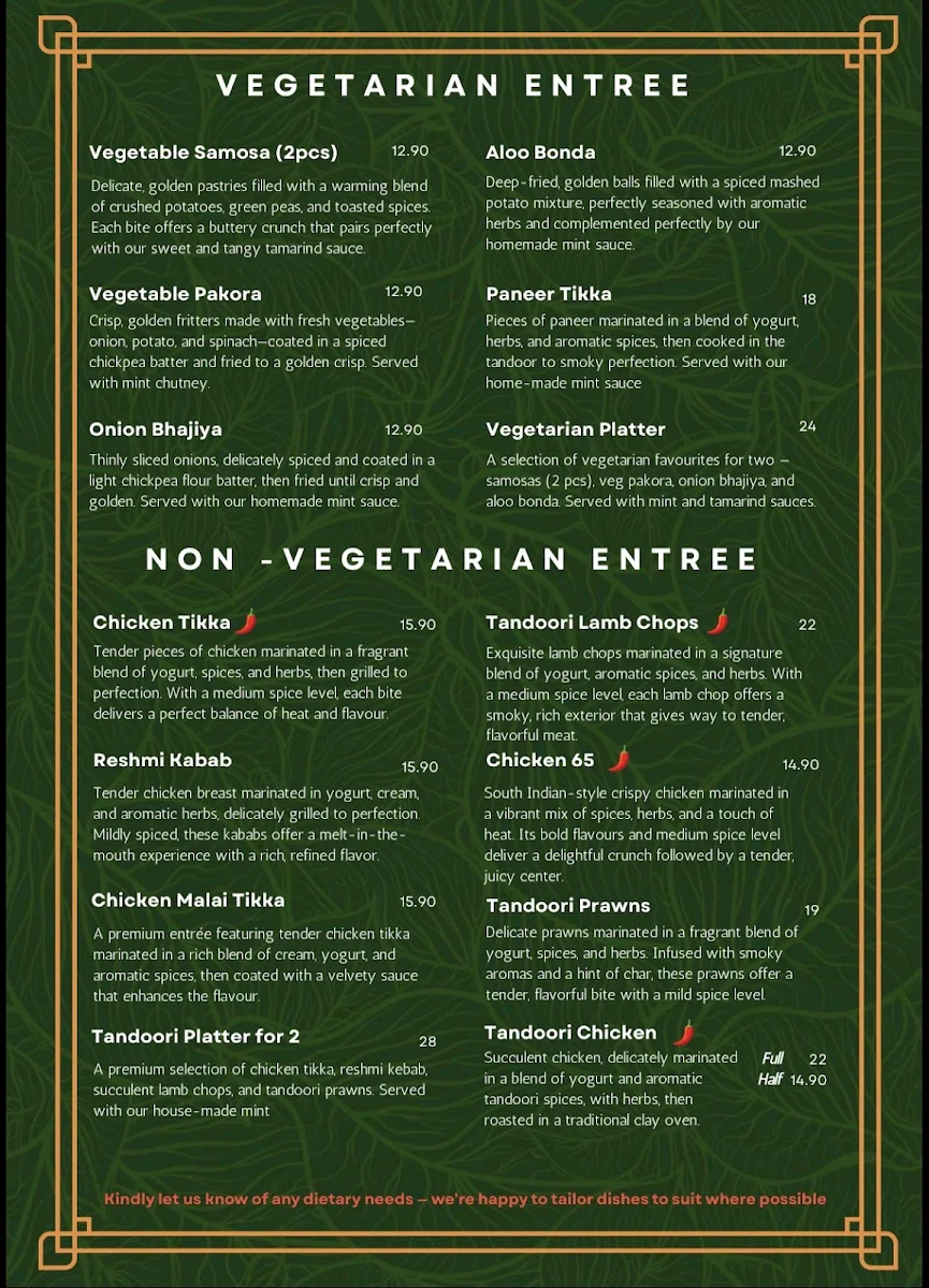 Menu, 7 Village Indian Restaurant
