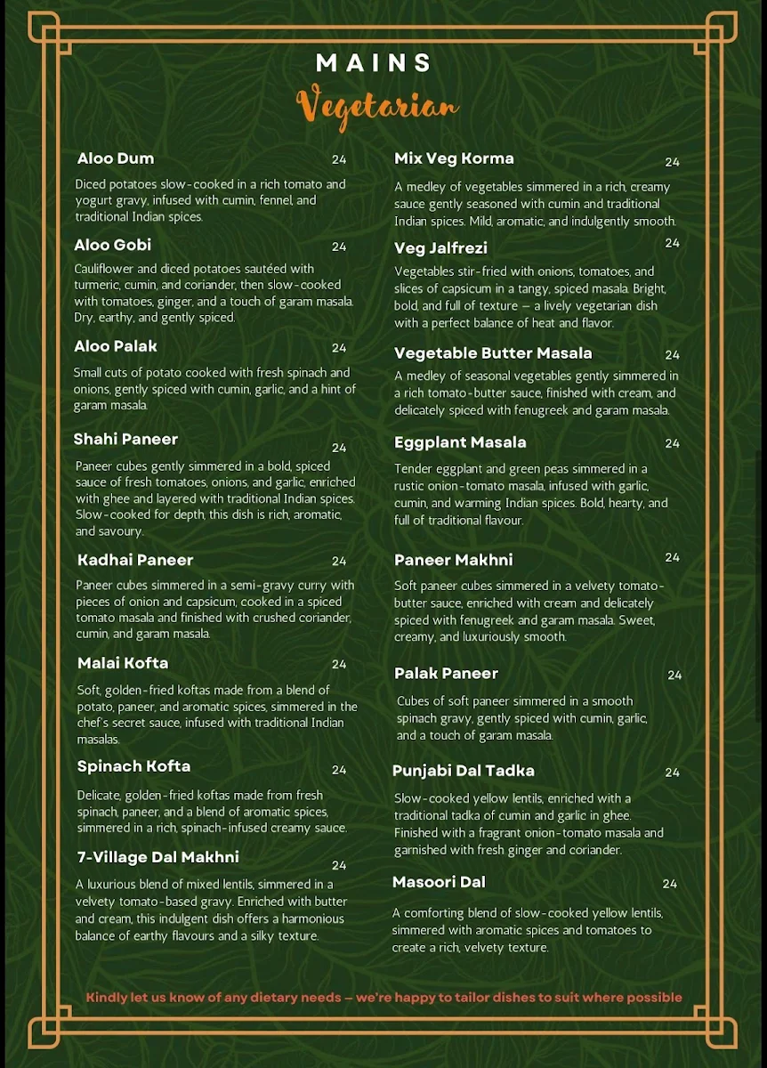 Menu, 7 Village Indian Restaurant