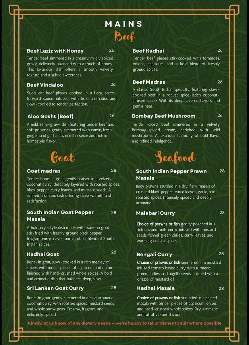 Menu, 7 Village Indian Restaurant