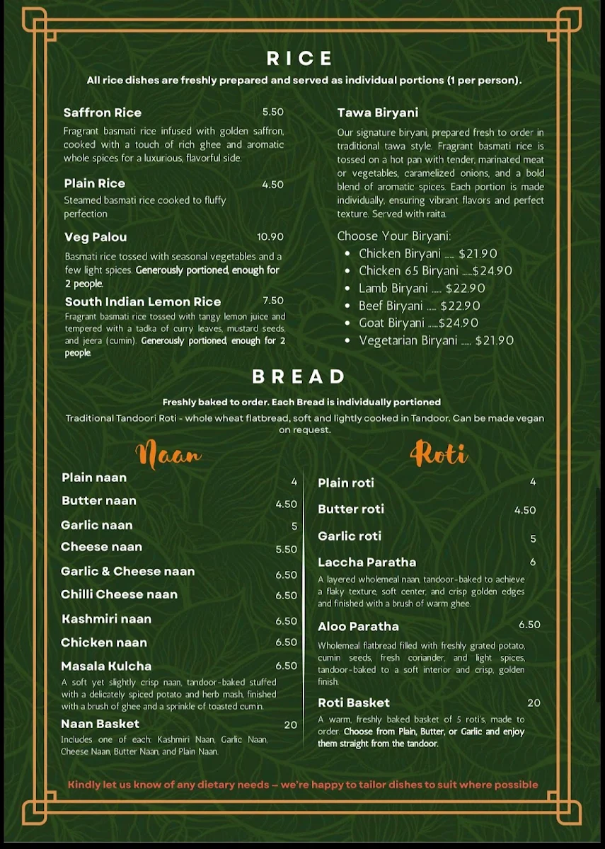 Menu, 7 Village Indian Restaurant