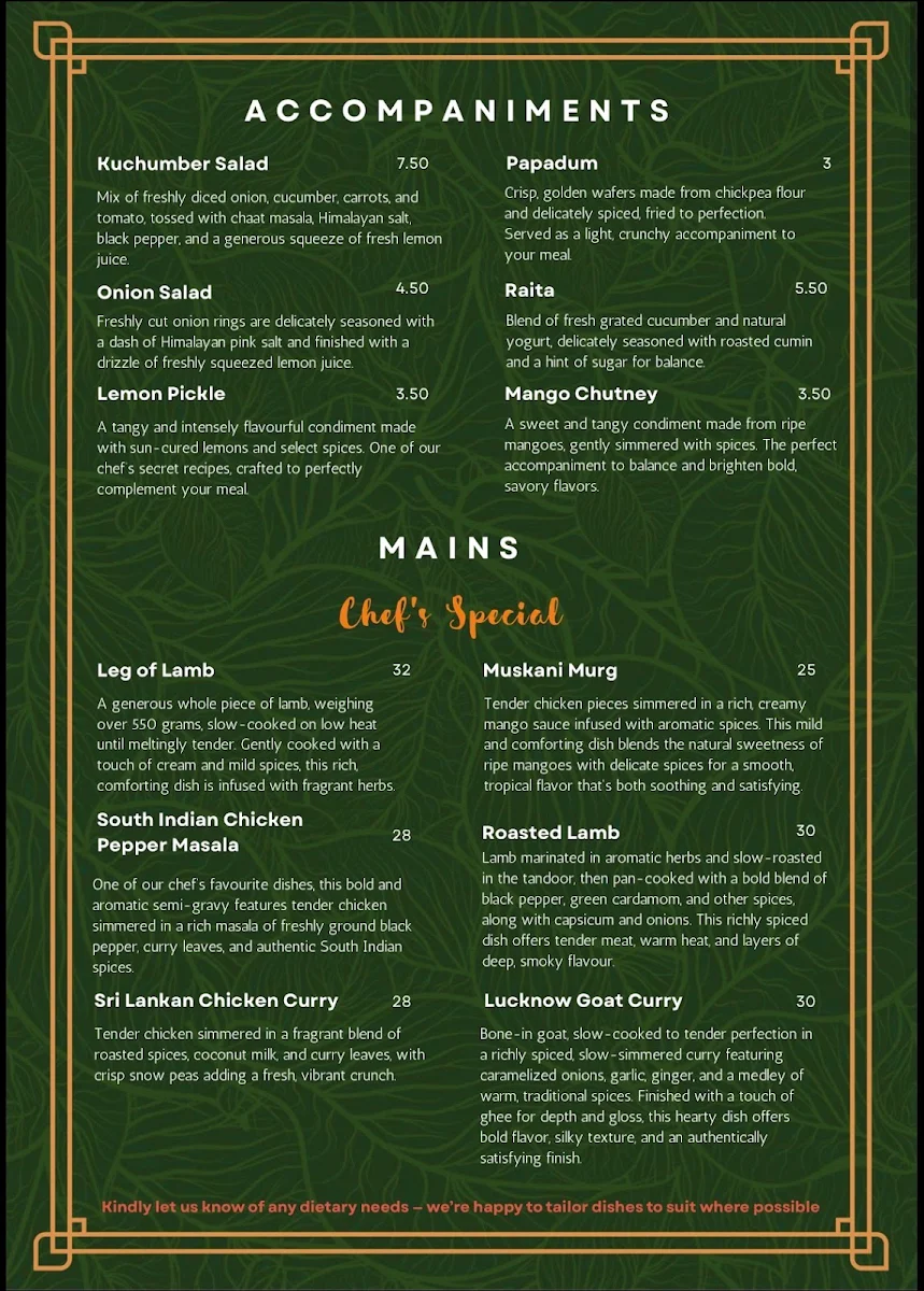 Menu, 7 Village Indian Restaurant