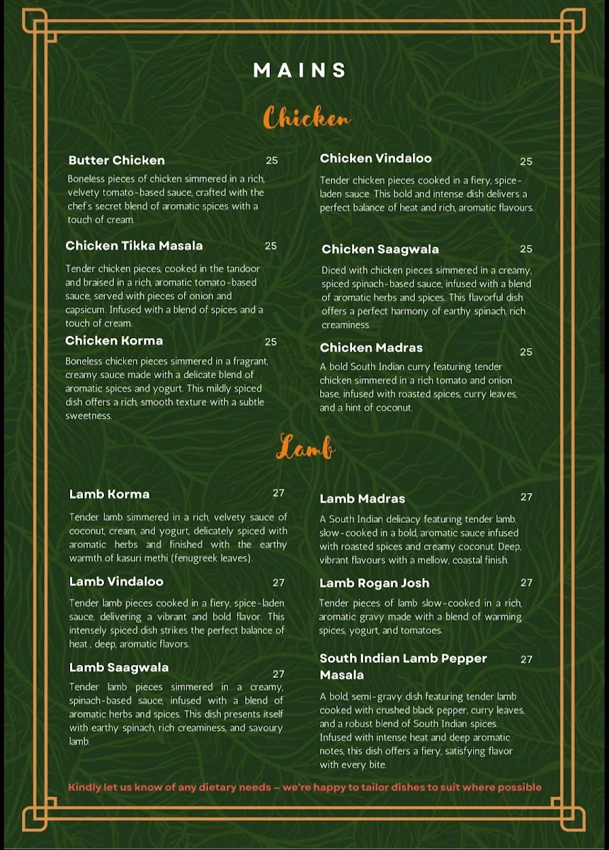 Menu, 7 Village Indian Restaurant