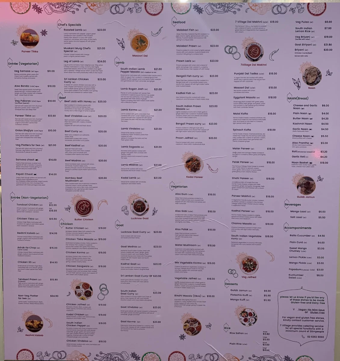 Menu, 7 Village Indian Restaurant