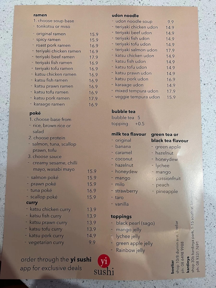 Menu, YI SUSHI