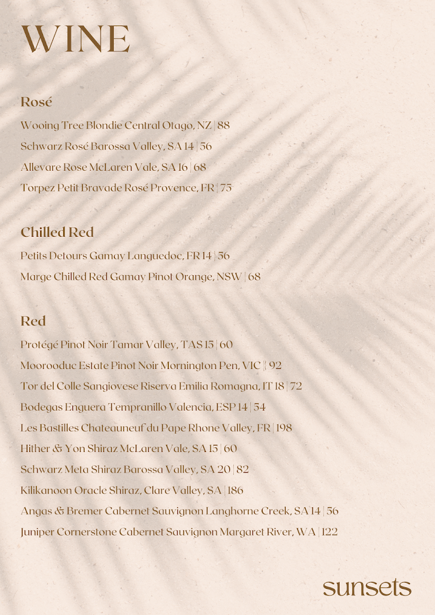 Menu, Sunsets Rooftop