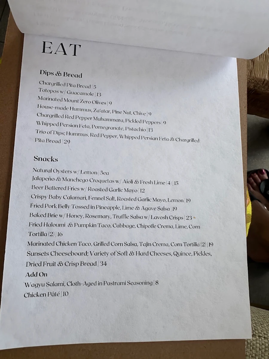 Menu, Sunsets Rooftop