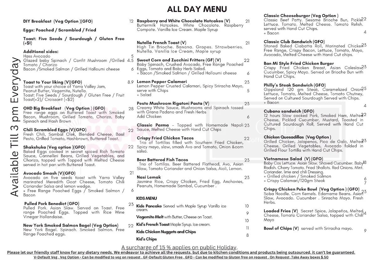 Menu, OHD Coffee | Bar | Diner