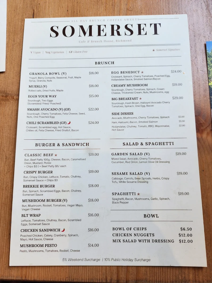 Menu, Somerset Cafe