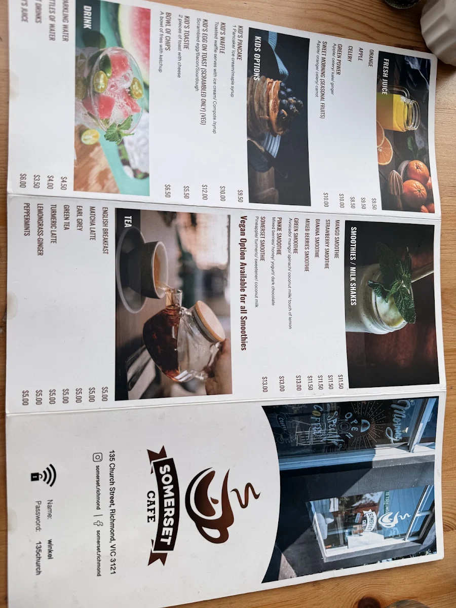 Menu, Somerset Cafe