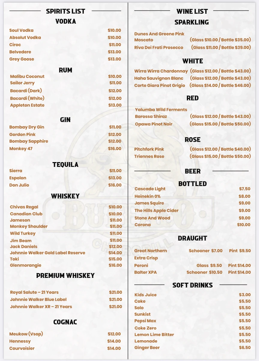 Menu, Buffalo Chargrill
