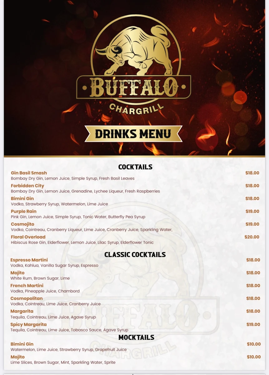 Menu, Buffalo Chargrill