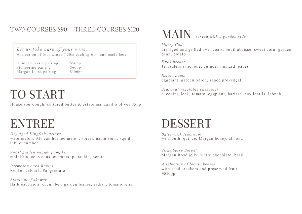 Menu, Margan Wines and Restaurant