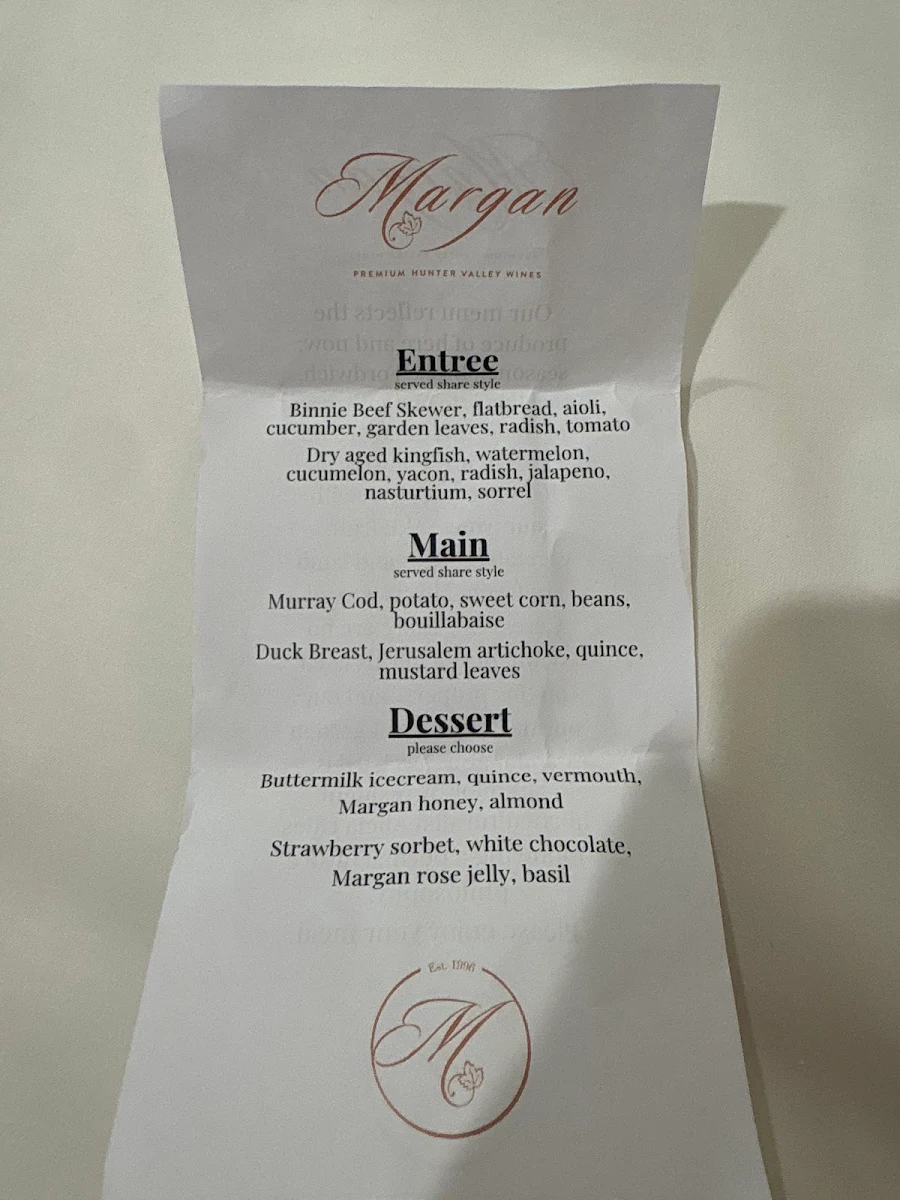 Menu, Margan Wines and Restaurant