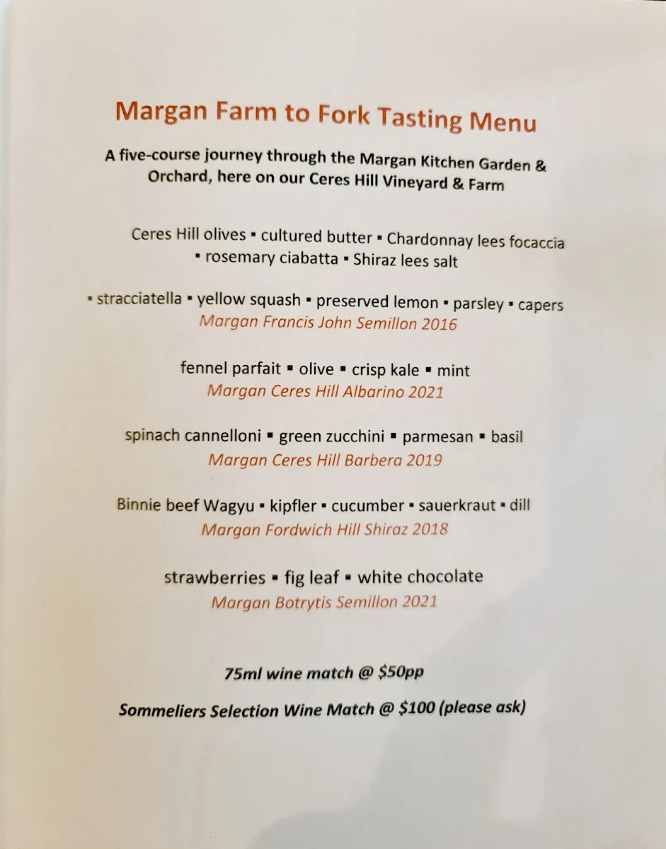 Menu, Margan Wines and Restaurant