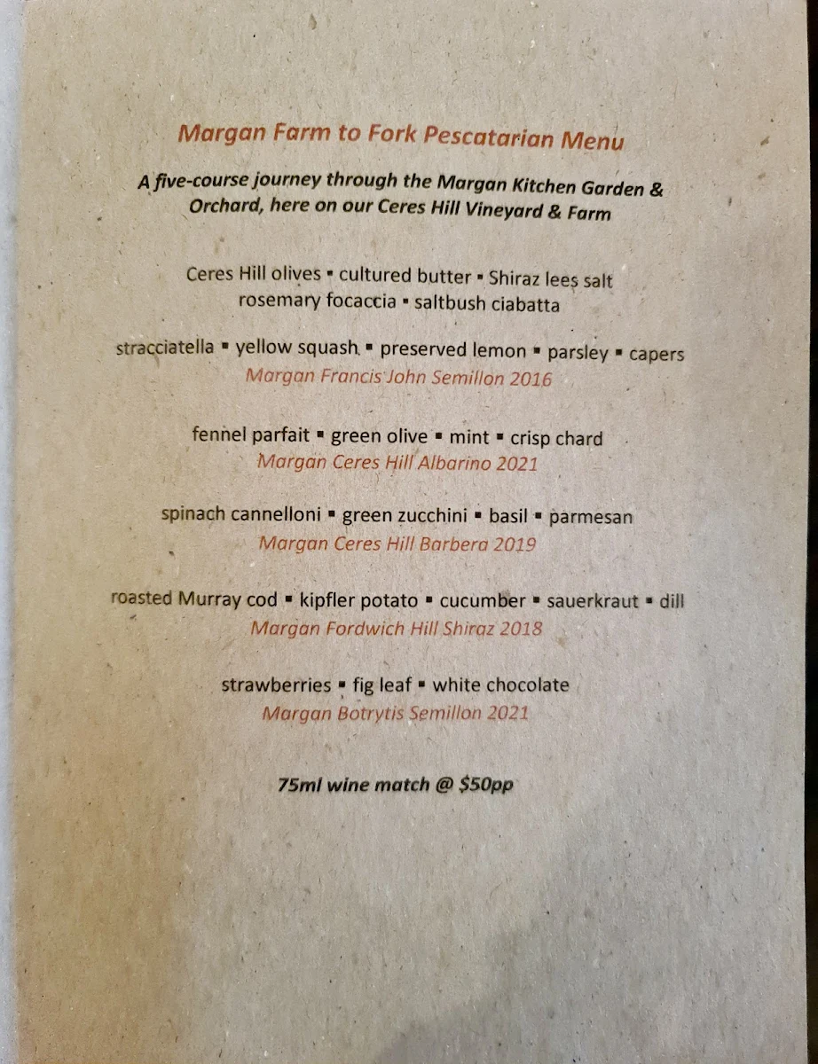 Menu, Margan Wines and Restaurant