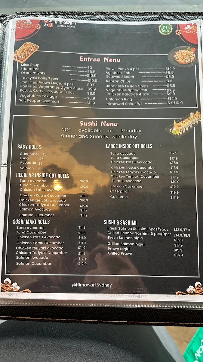 Menu, Himawari Japanese kitchen