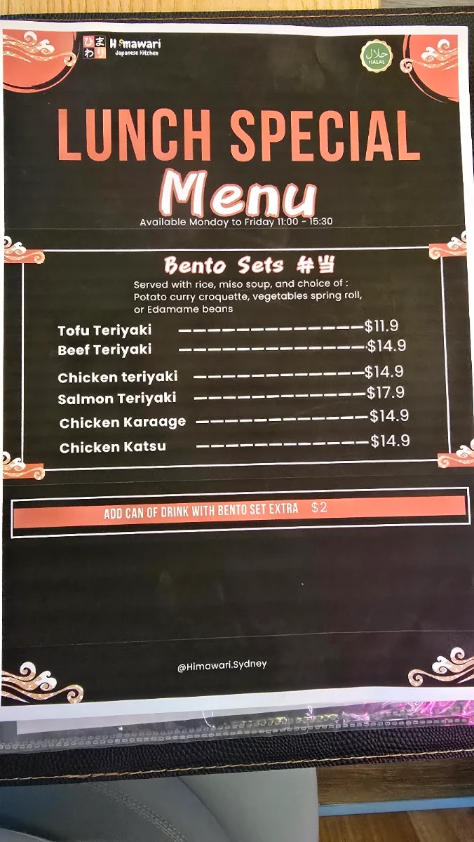 Menu, Himawari Japanese kitchen