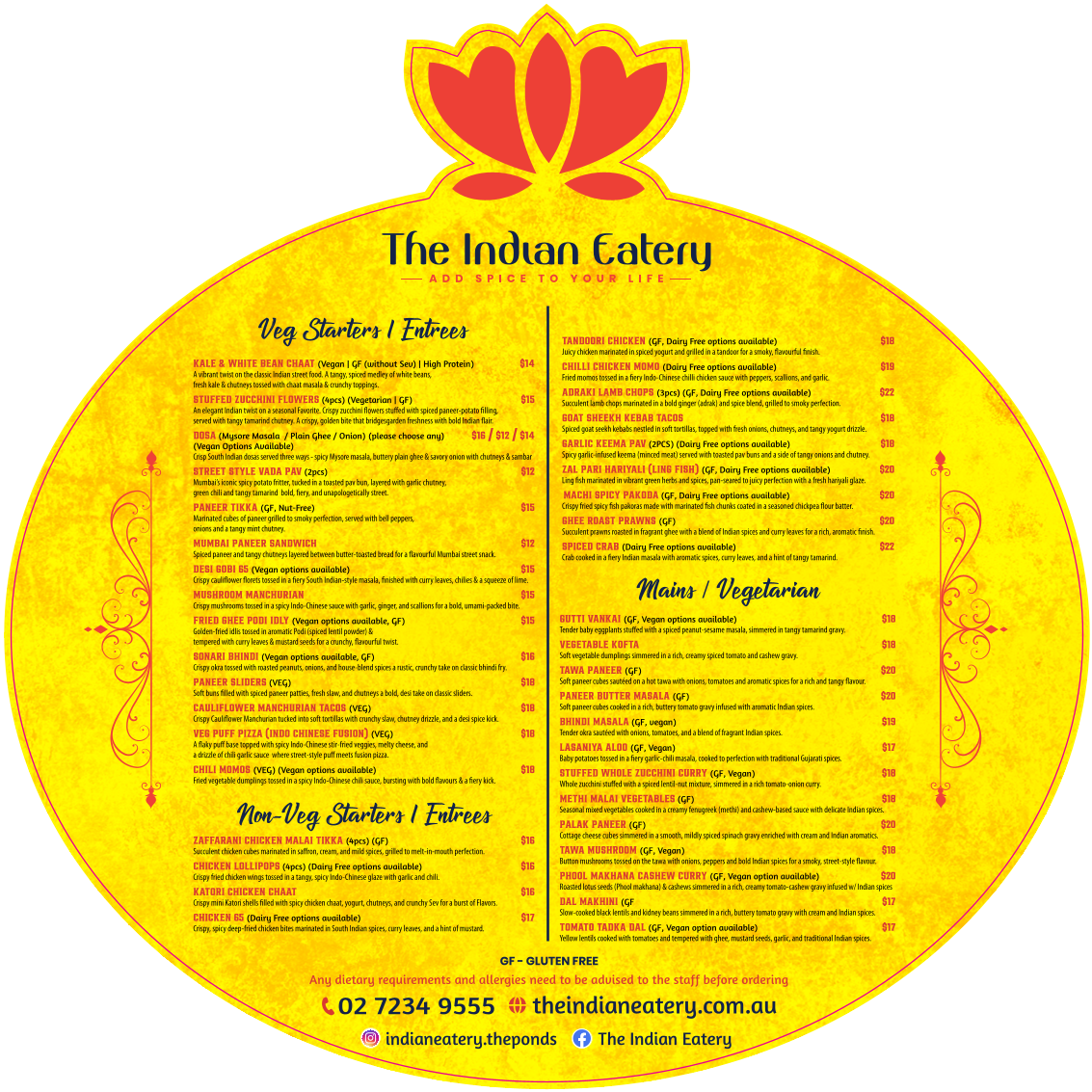 Menu, The Indian Eatery