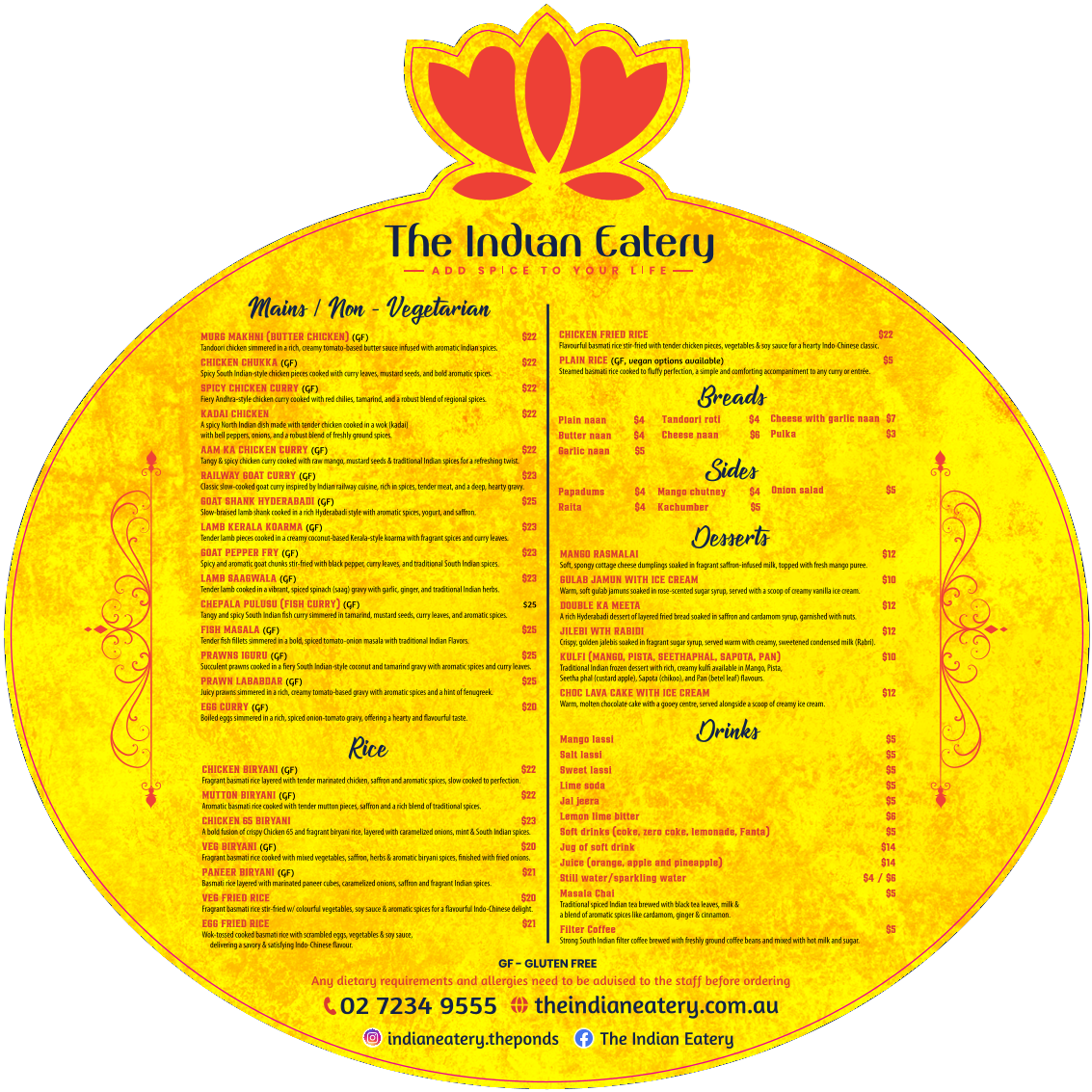 Menu, The Indian Eatery