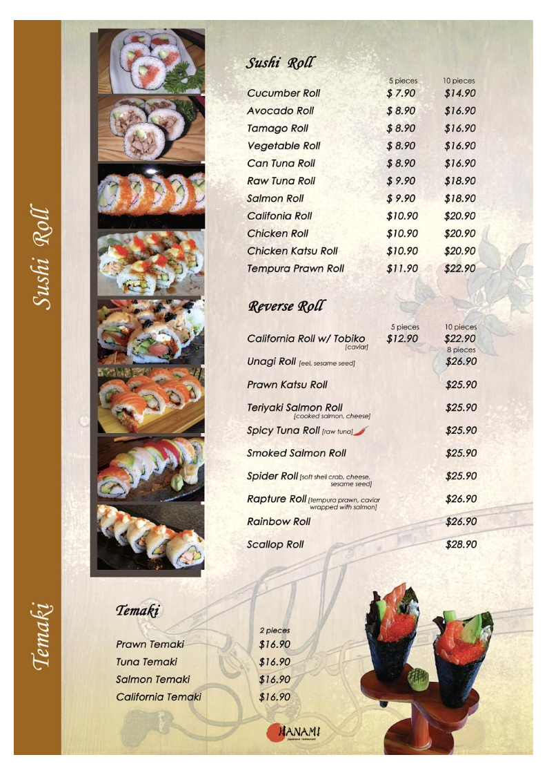 Menu, HANAMI Japanese Restaurant