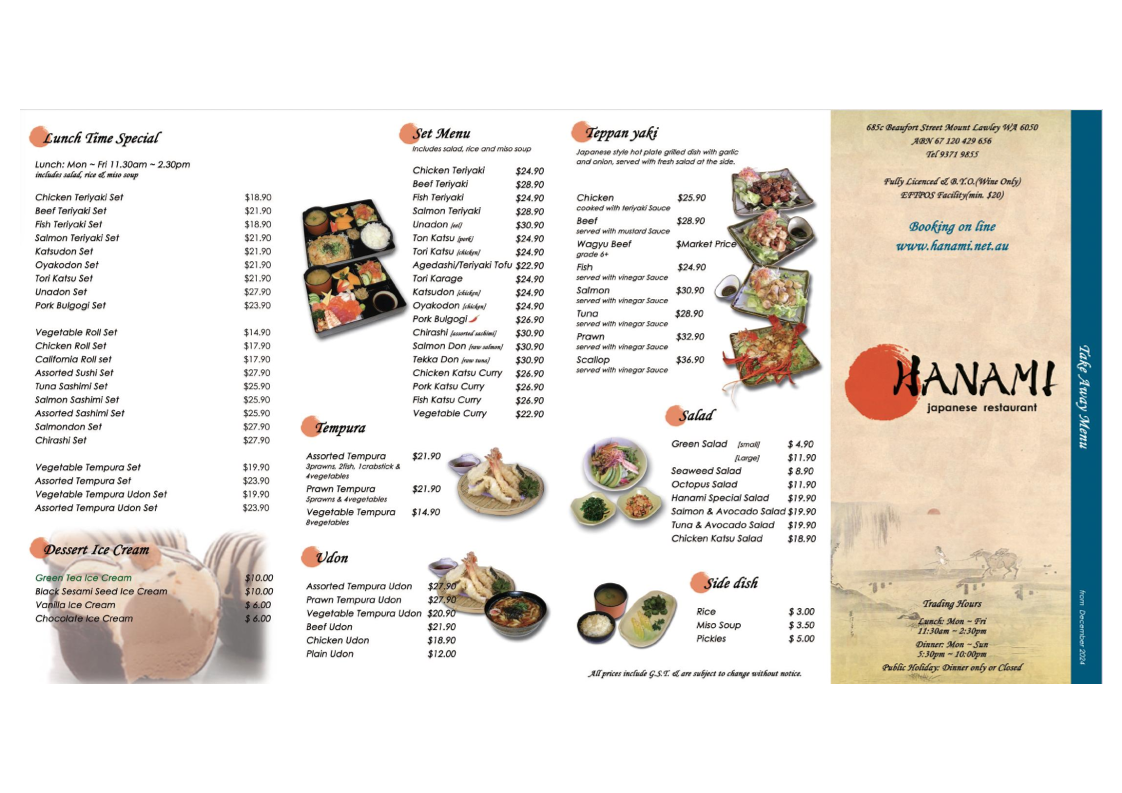 Menu, HANAMI Japanese Restaurant