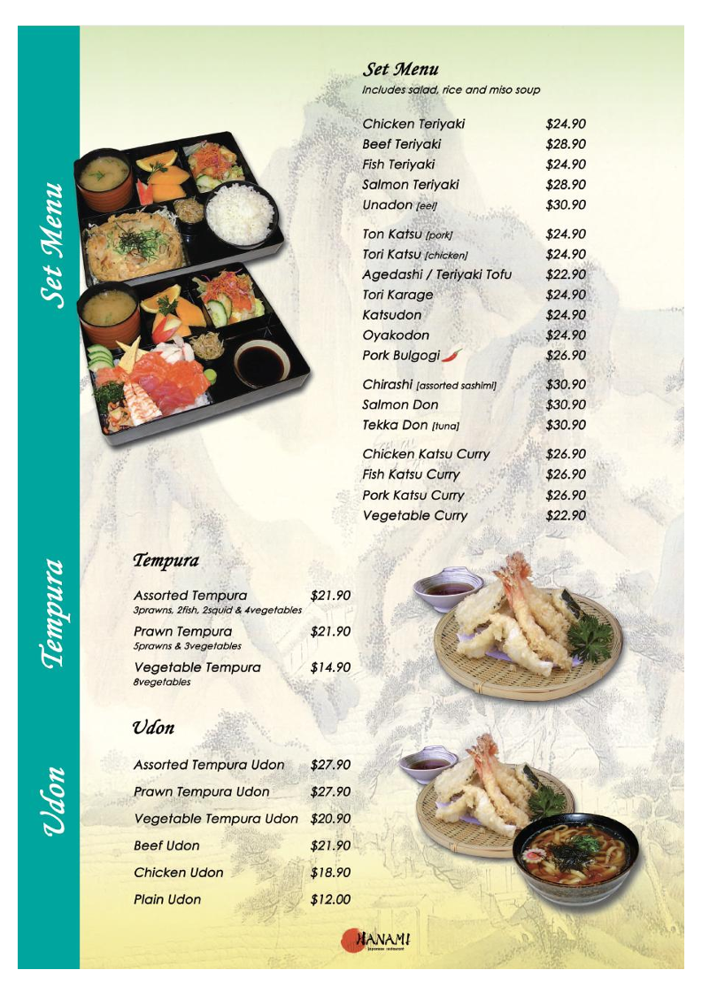 Menu, HANAMI Japanese Restaurant