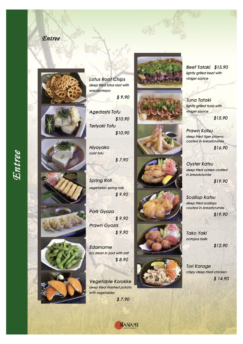 Menu, HANAMI Japanese Restaurant