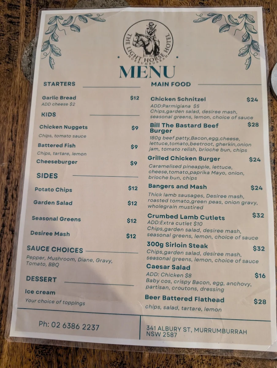 Menu, The Light Horse Hotel Murrumburrah
