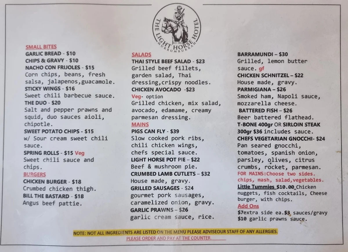 Menu, The Light Horse Hotel Murrumburrah
