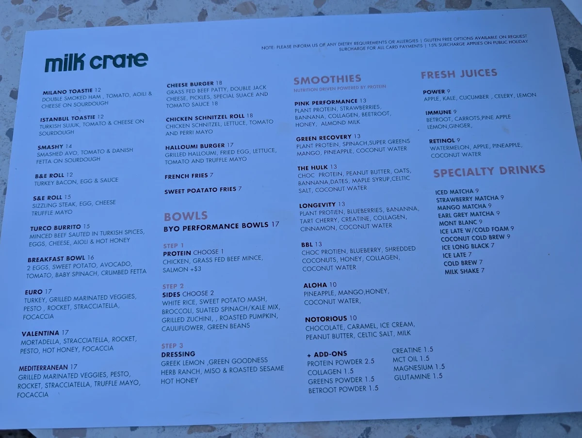 Menu, Milk Crate