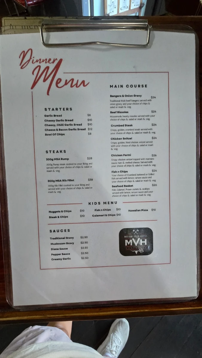 Menu, Miriam Vale Hotel
