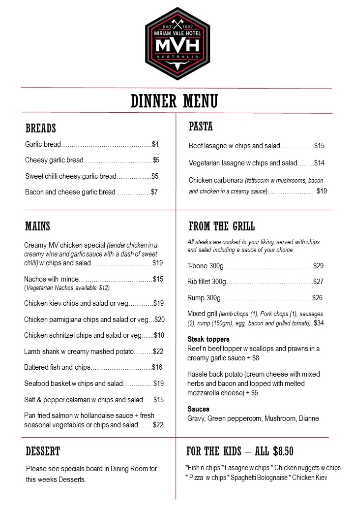 Menu, Miriam Vale Hotel