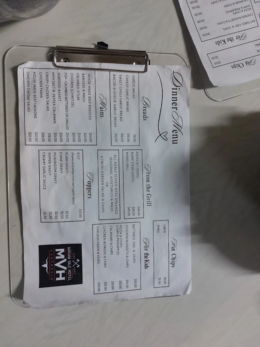 Menu, Miriam Vale Hotel