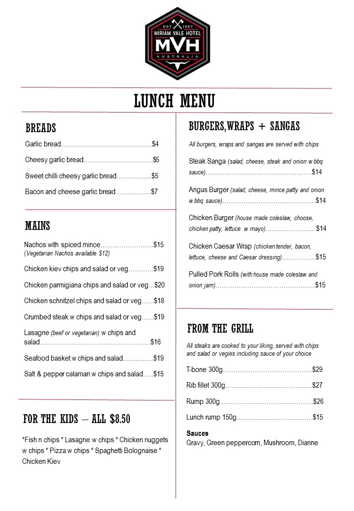 Menu, Miriam Vale Hotel
