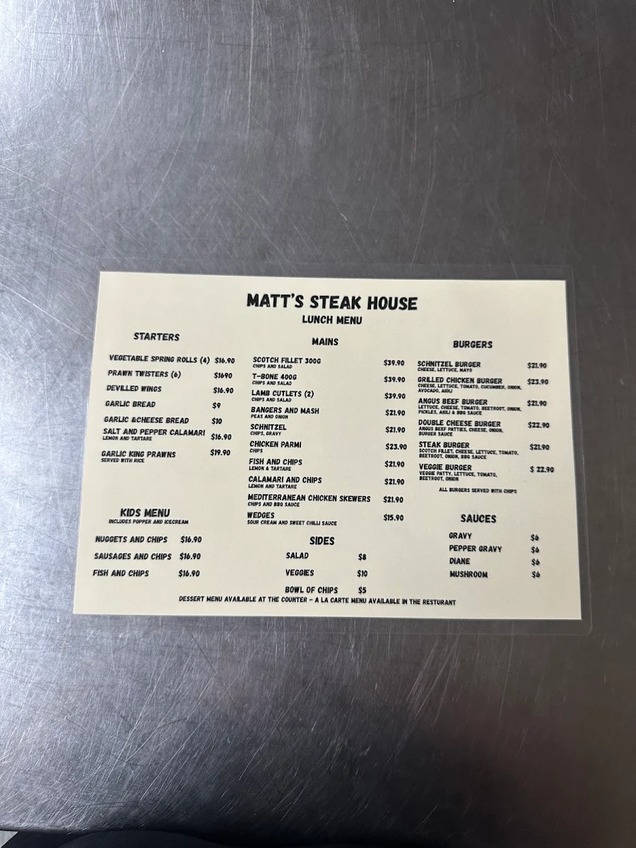 Menu, MATT’S STEAKHOUSE