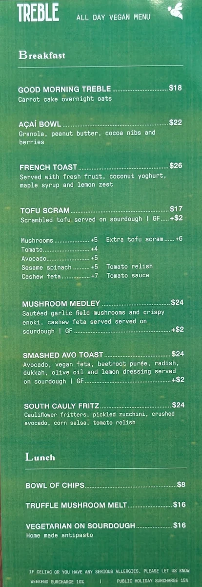 Menu, Treble