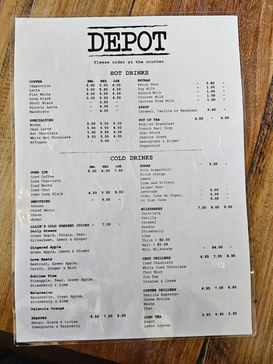 Menu, Depot Cafe