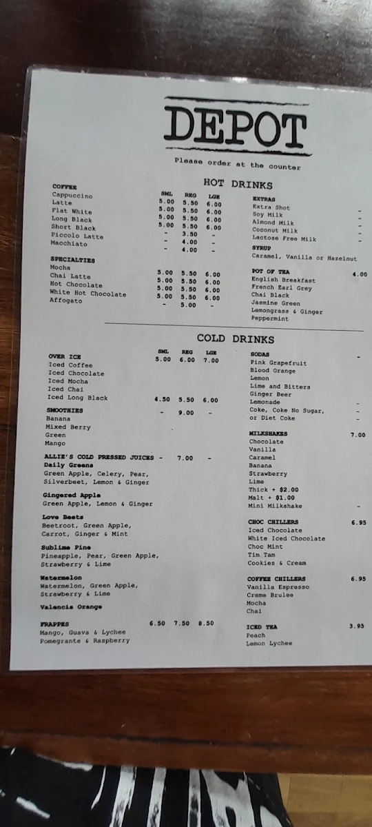 Menu, Depot Cafe