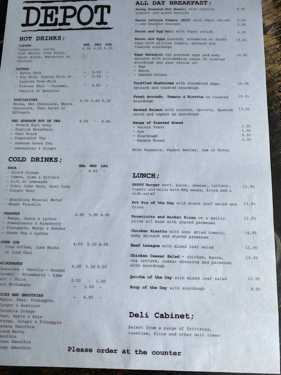 Menu, Depot Cafe