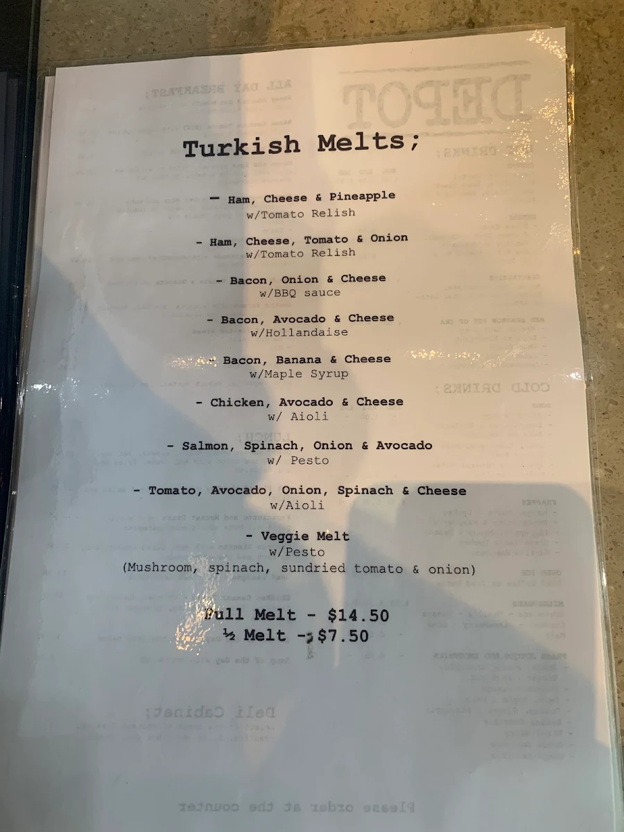 Menu, Depot Cafe