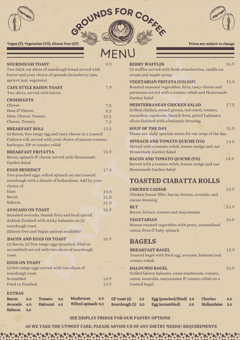 Menu, Grounds For Coffee