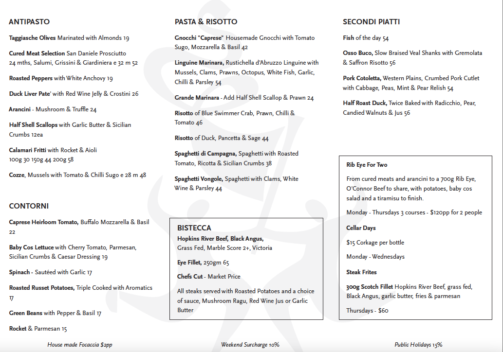 Menu, Italy 1 Camberwell