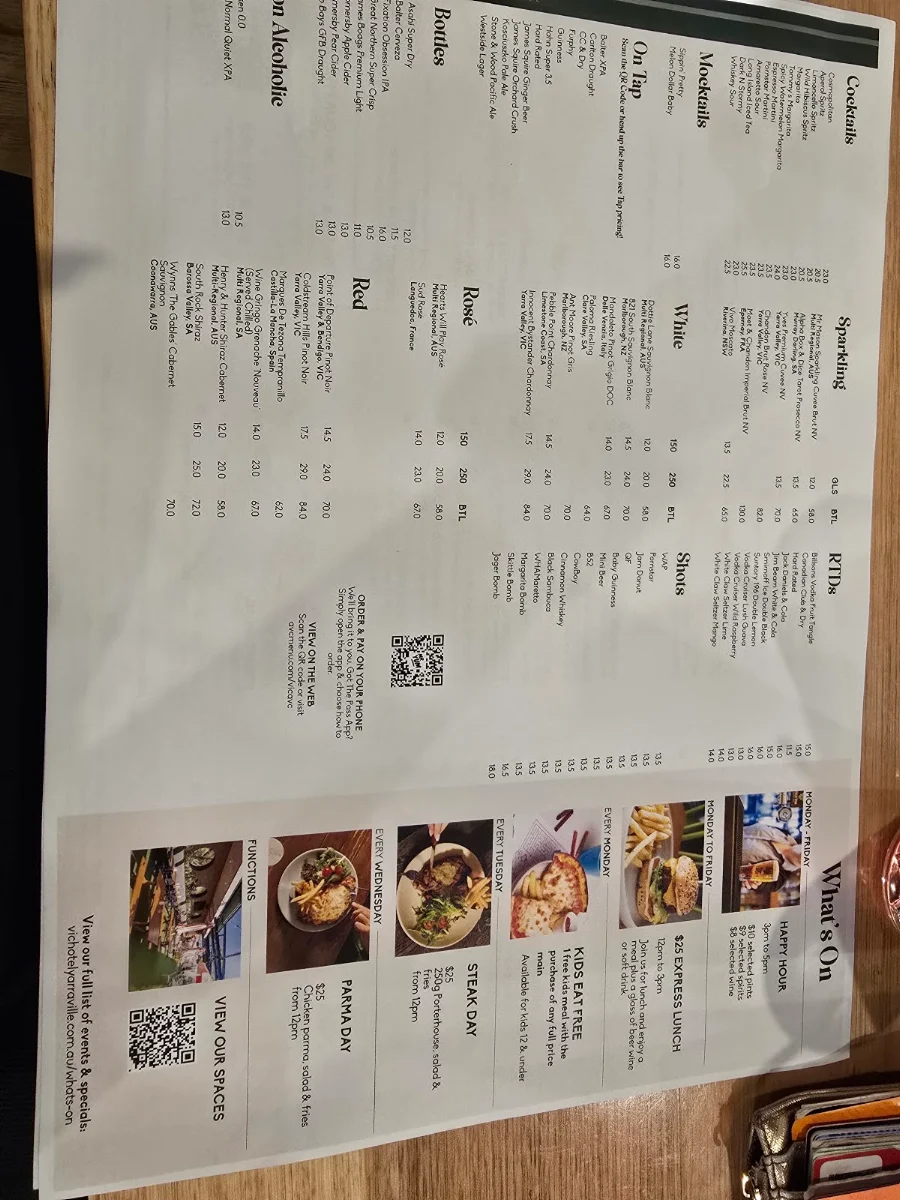 Menu, The Victoria Hotel Yarraville