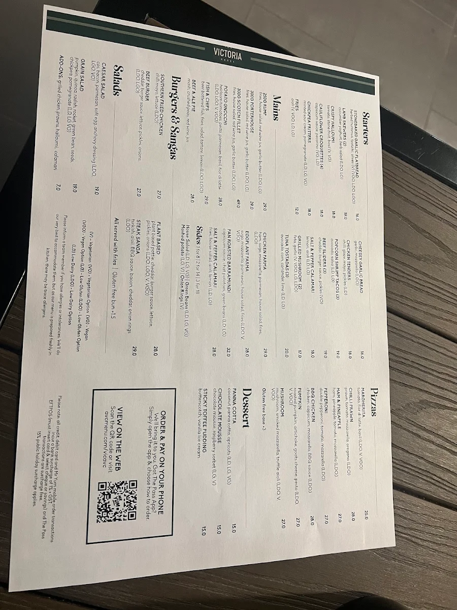 Menu, The Victoria Hotel Yarraville