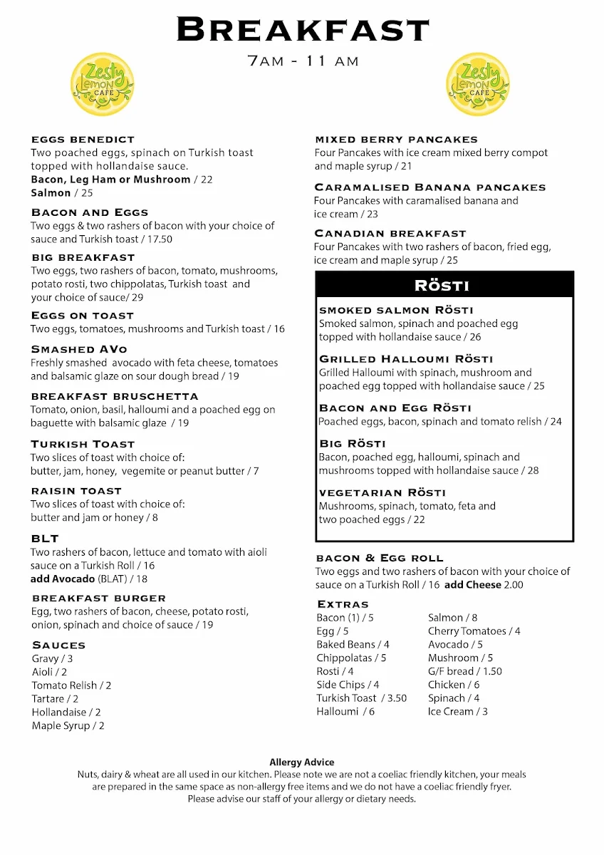 Menu, Zesty Lemon Cafe