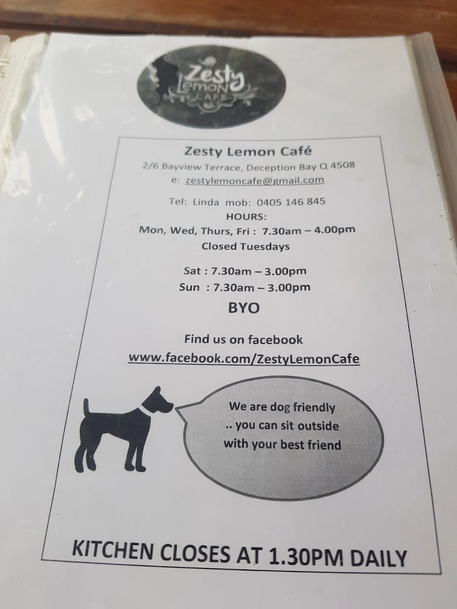 Menu, Zesty Lemon Cafe