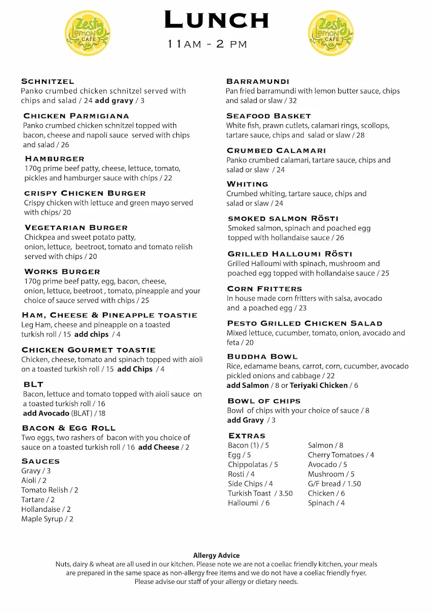 Menu, Zesty Lemon Cafe