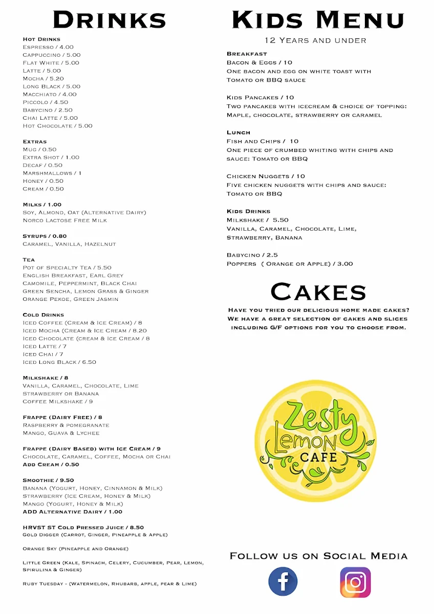 Menu, Zesty Lemon Cafe