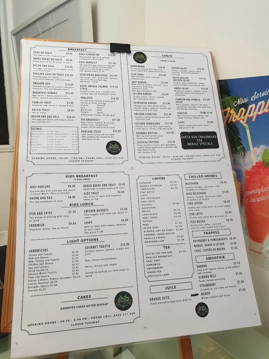 Menu, Zesty Lemon Cafe