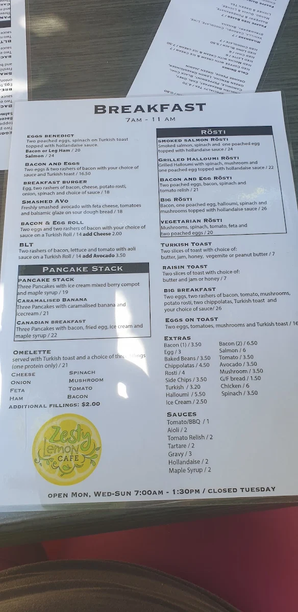 Menu, Zesty Lemon Cafe